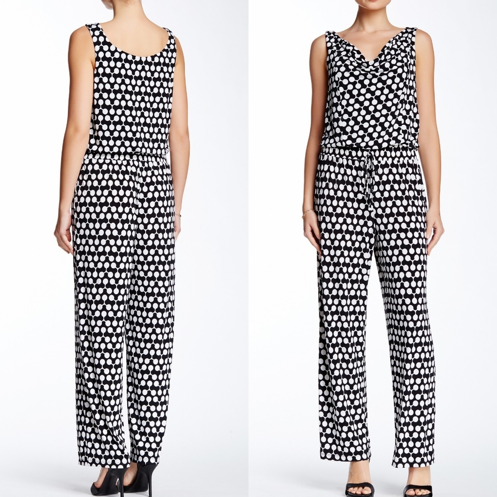 London Times Jumpsuit Cowl Polka Dot Black White Boho Spring Summer Chic Retro
